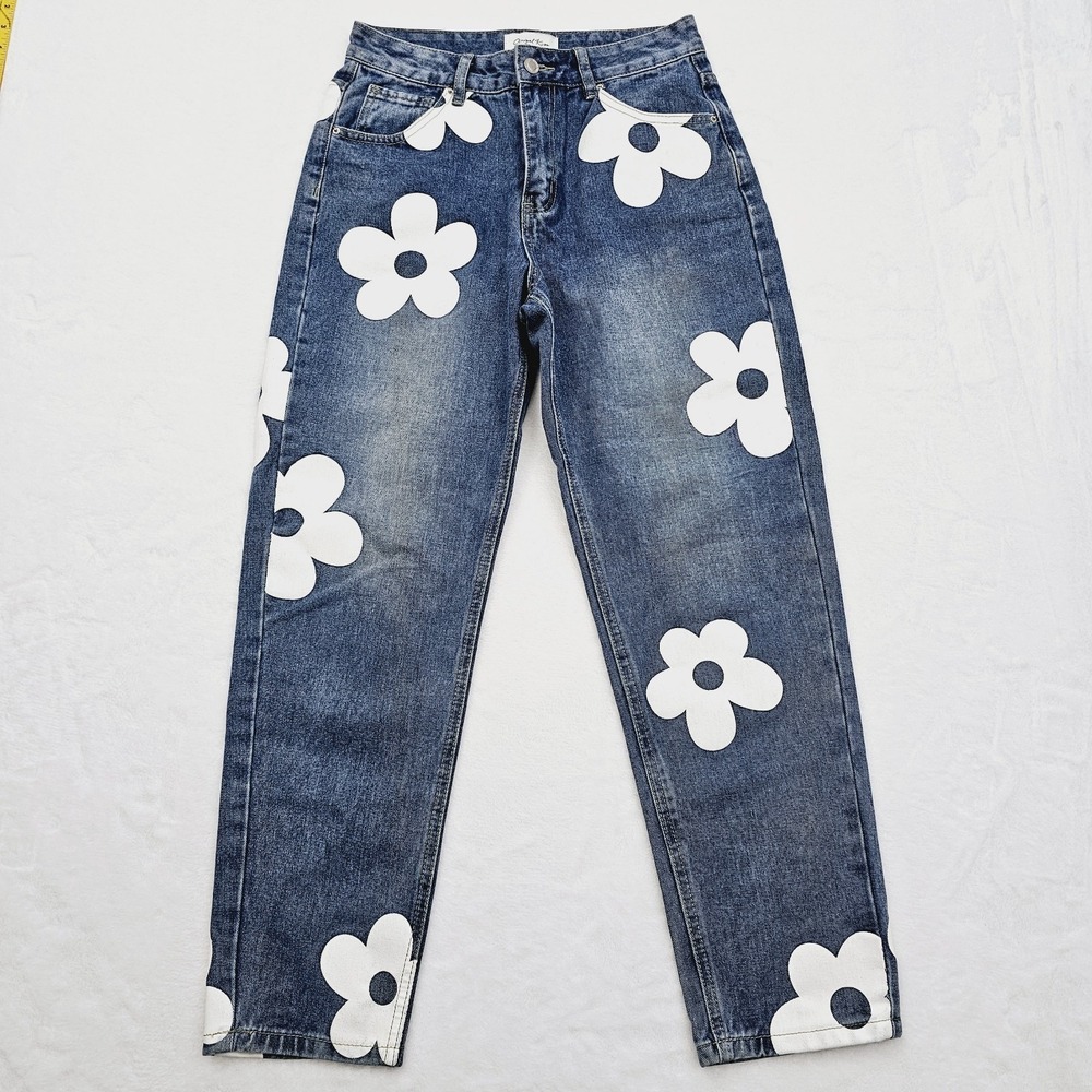 Angel Kiss High Rise Baggy Jeans WomensSize 7/28 Floral Y2K Denim Flowers‎ Tween - Picture 2 of 9